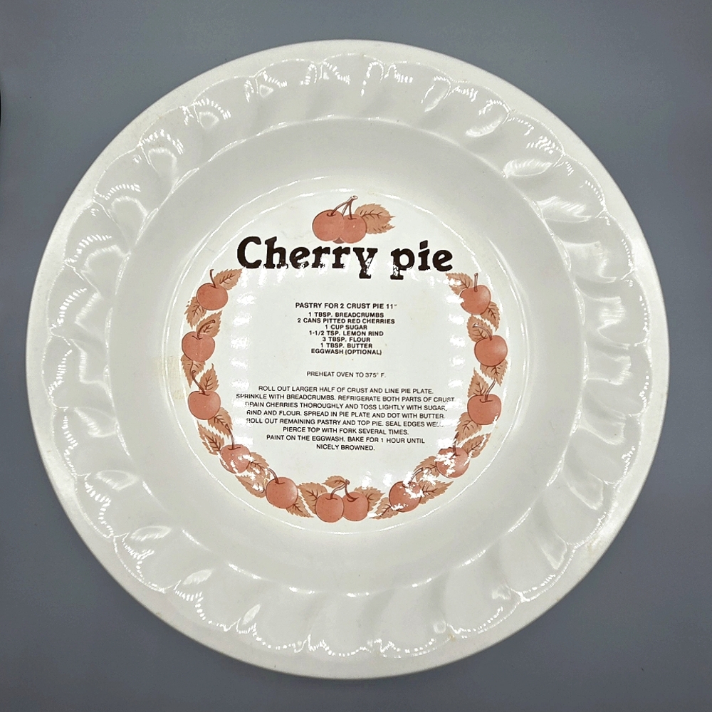 Vintage Festival White Ironstone 11" Pie Plate, Cherry Pie Recipe on Plate